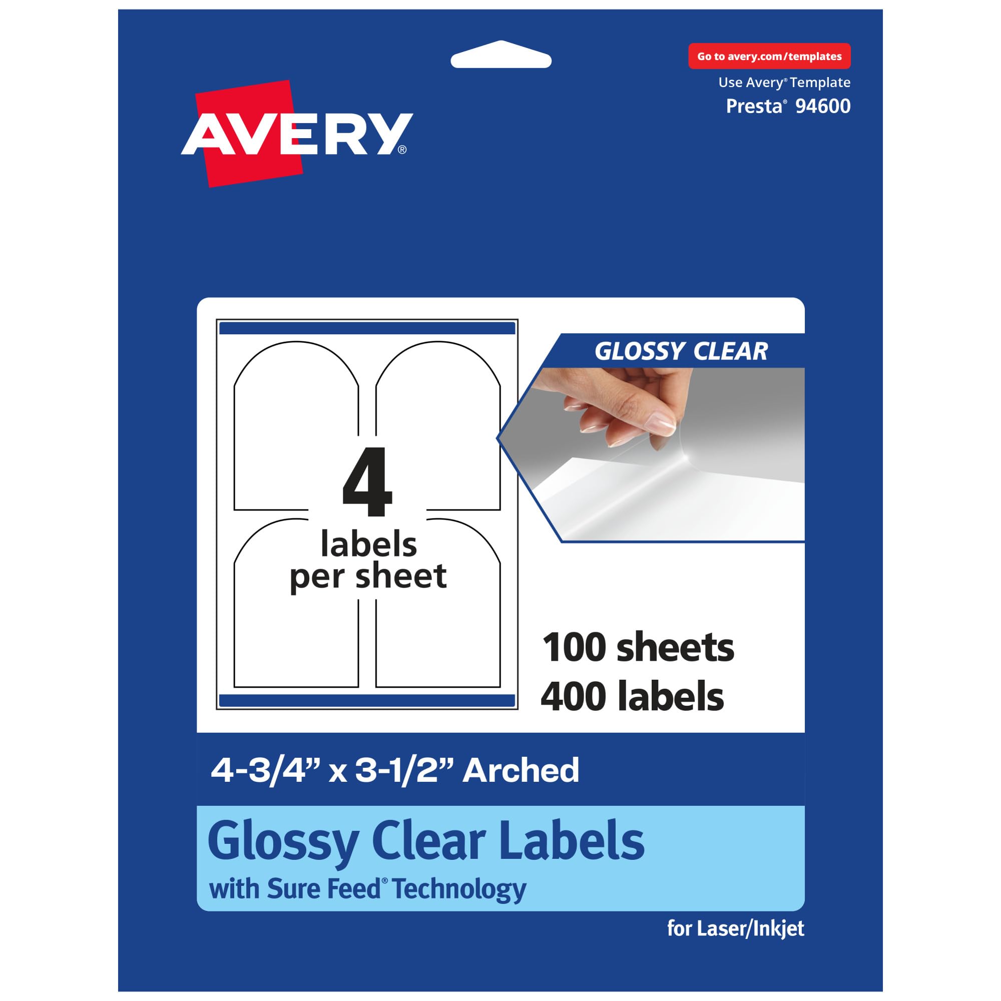 AVERY Glossy Clear Arched Labels, Sure Feed Technology, 4.75" x 3.5", Print-to-the-Edge, Laser/Inkjet Printable