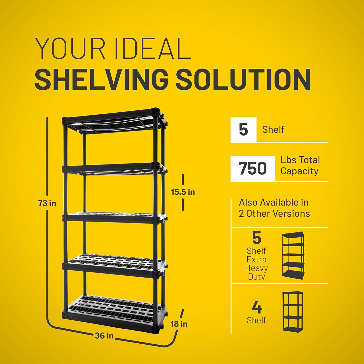 Plano 5-Shelf Plastic Storage Shelves, 73” x 36” x 18”, 750lb Capacity, Pantry, Office, Closet and Garage Shelves