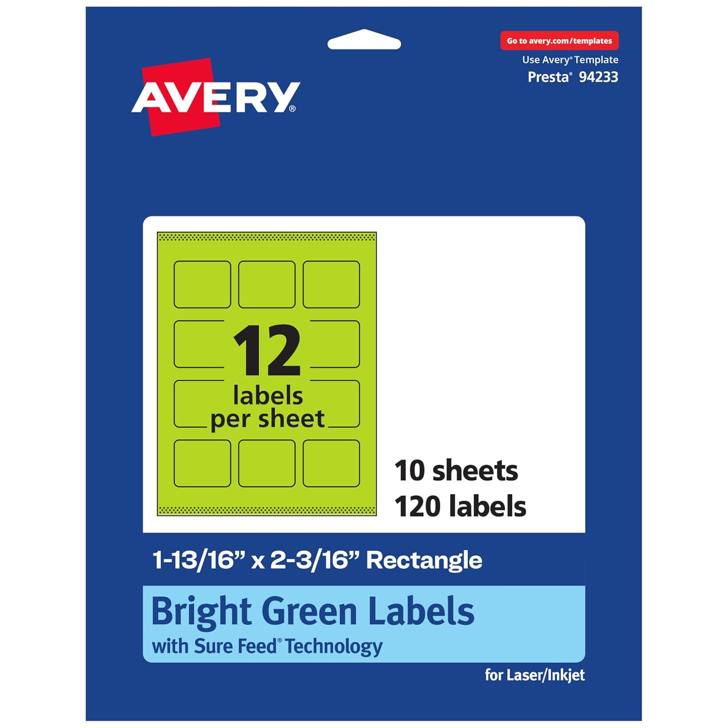 Avery Bright Green Rectangle Printable Labels, Sure Feed, 1-13/16" x 2-3/16"