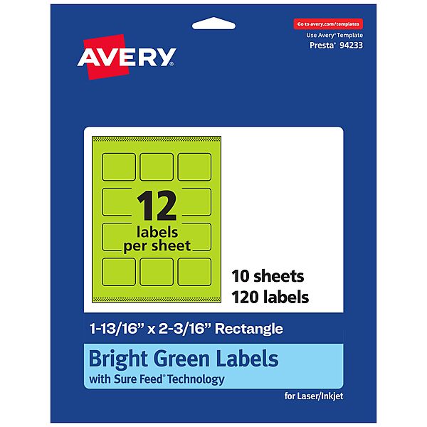 Avery Bright Green Rectangle Printable Labels, Sure Feed, 1-13/16" x 2-3/16"