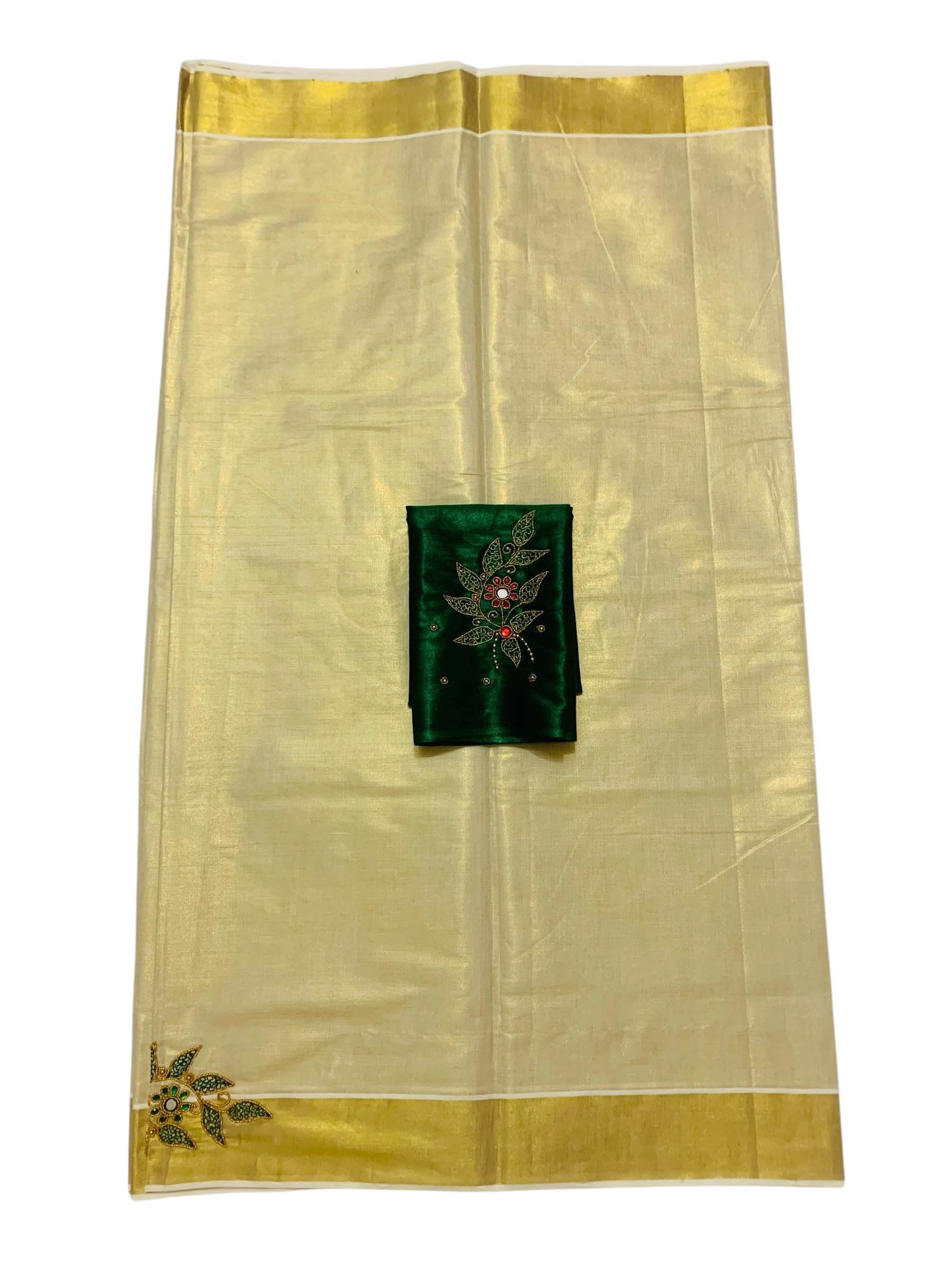 Kuthampully Kerala Kasavu Sarees For Women | Handcrafted Aari work Kerala Sarees | Tissue Onam Saree With Running Blouse | South Indian Sarees | Onam Saree EKM-861 (Dark Green)