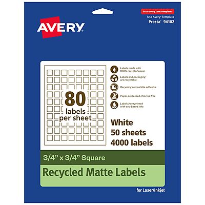 AVERY EcoFriendly Matte White Recycled Square Labels, 3/4" x 3/4", Print-to-The-Edge