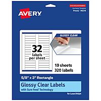 Avery Glossy Clear Rectangle Labels, Sure Feed Technology, 5/8" x 3", 320 Glossy Clear Labels, Laser/Inkjet Printable 320 labels