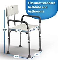 Medline Shower Chair for Inside Shower, Heavy Duty, 350 lb Capacity, Adjustable Height, Non-Slip Seat with Padded Armrests & Back, White