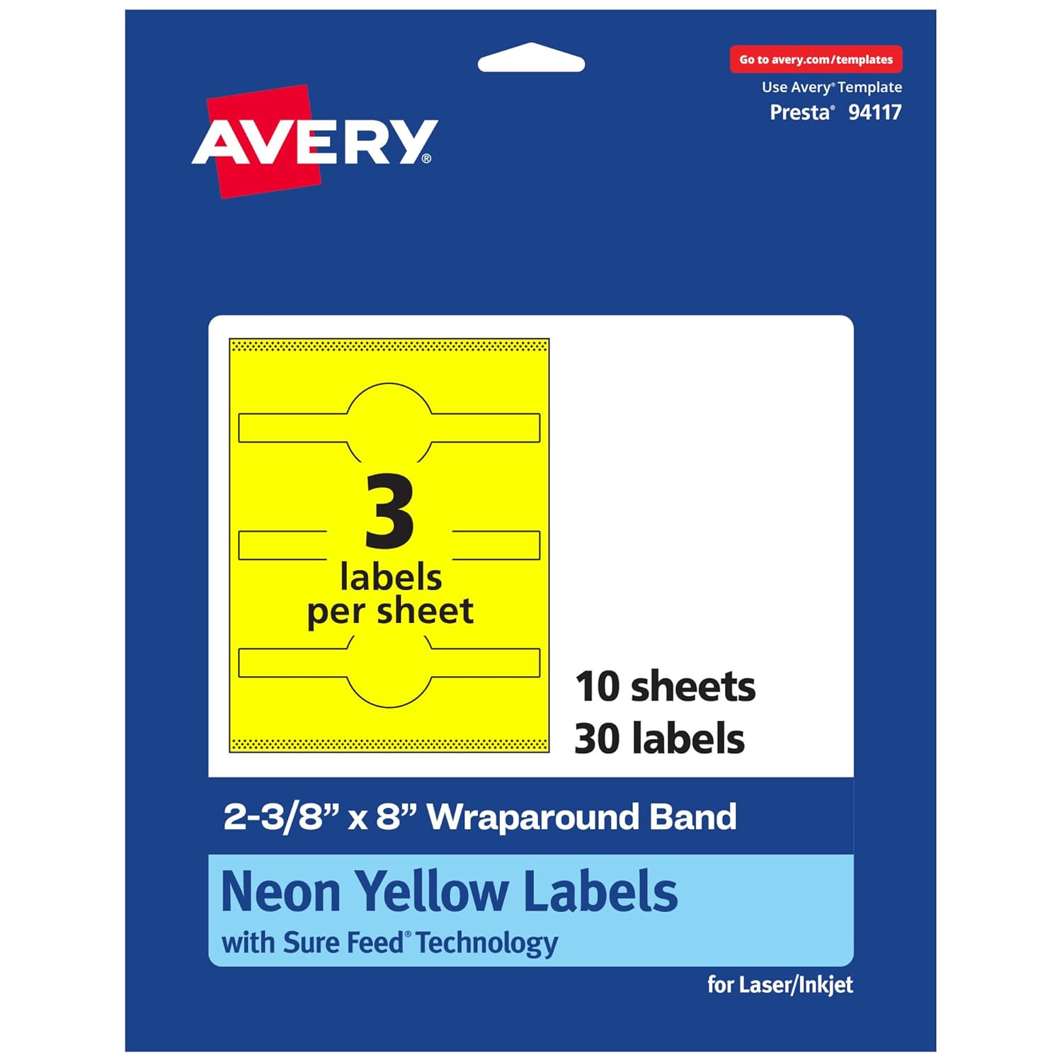 Avery Printable Wraparound Band Labels, Sure Feed Technology, 2-3/8" x 8", Neon Yellow