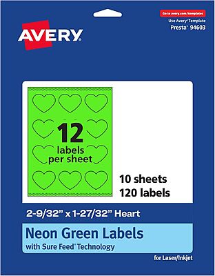 Avery Printable Heart Labels, Sure Feed Technology, 2-9/32 x 1-27/32, Neon Green, Print-to-The-Edge, Laser/Inkjet Compatible
