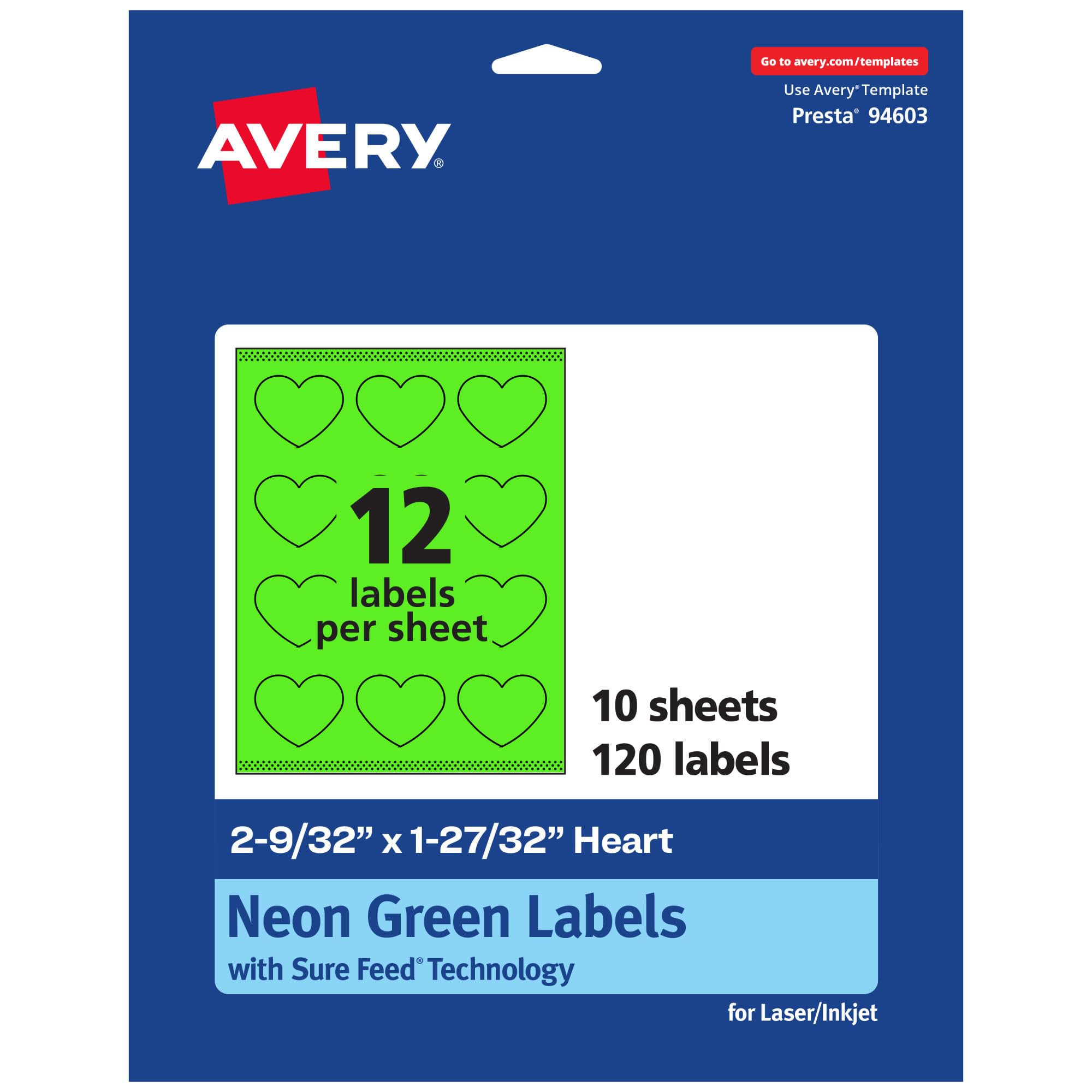 Avery Printable Heart Labels, Sure Feed Technology, 2-9/32 x 1-27/32, Neon Green, Print-to-The-Edge, Laser/Inkjet Compatible