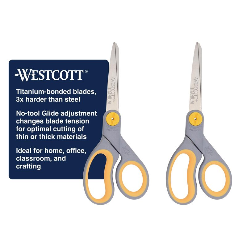Westcott 8-Inch Titanium-Bonded Scissors with Adjustable Glide Feature for Office and Home - Gray/Yellow, 2-Pack