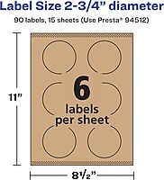 Avery Kraft Brown Round Labels, Sure Feed Technology, 2.75" Diameter, 90 Kraft Brown Labels, Print-to-The-Edge, Laser/Inkjet Printable 90 labels
