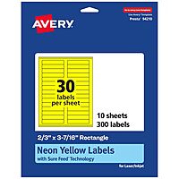 Avery Printable Rectangle Labels, Sure Feed Technology, 2/3" x 3-7/16", Neon Yellow Labels, Laser/Inkjet Printable, 300 Total, Great for Mailing and Packaging 300 labels
