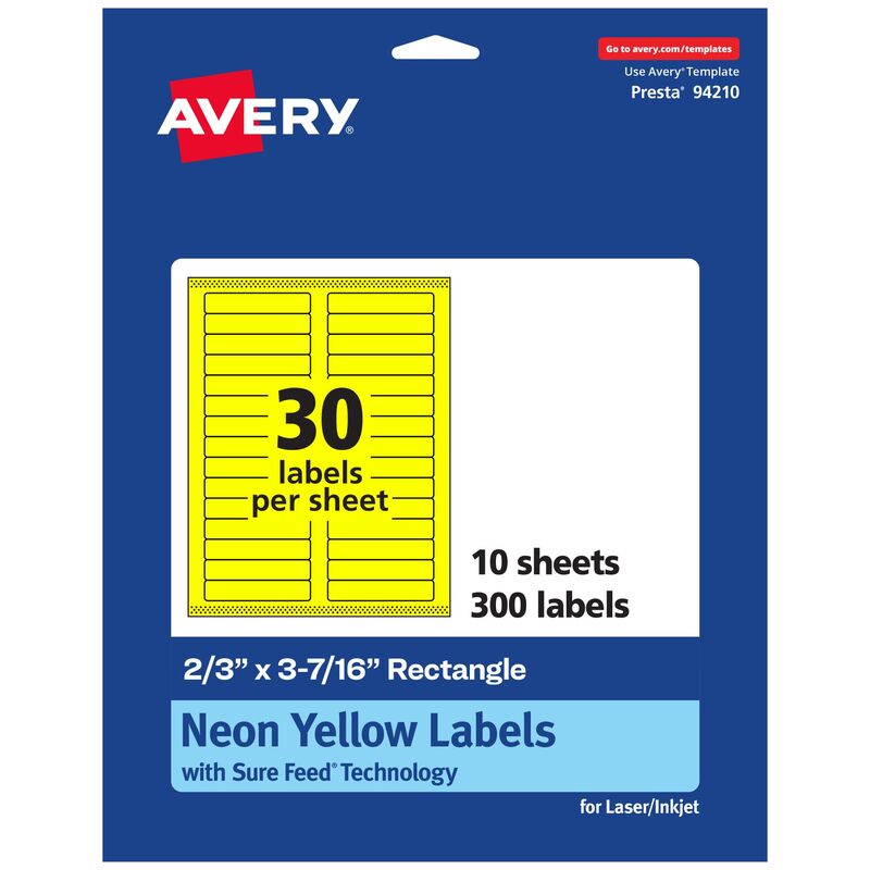 Avery Printable Rectangle Labels, Sure Feed Technology, 2/3" x 3-7/16", Neon Yellow Labels, Laser/Inkjet Printable, 300 Total, Great for Mailing and Packaging 300 labels