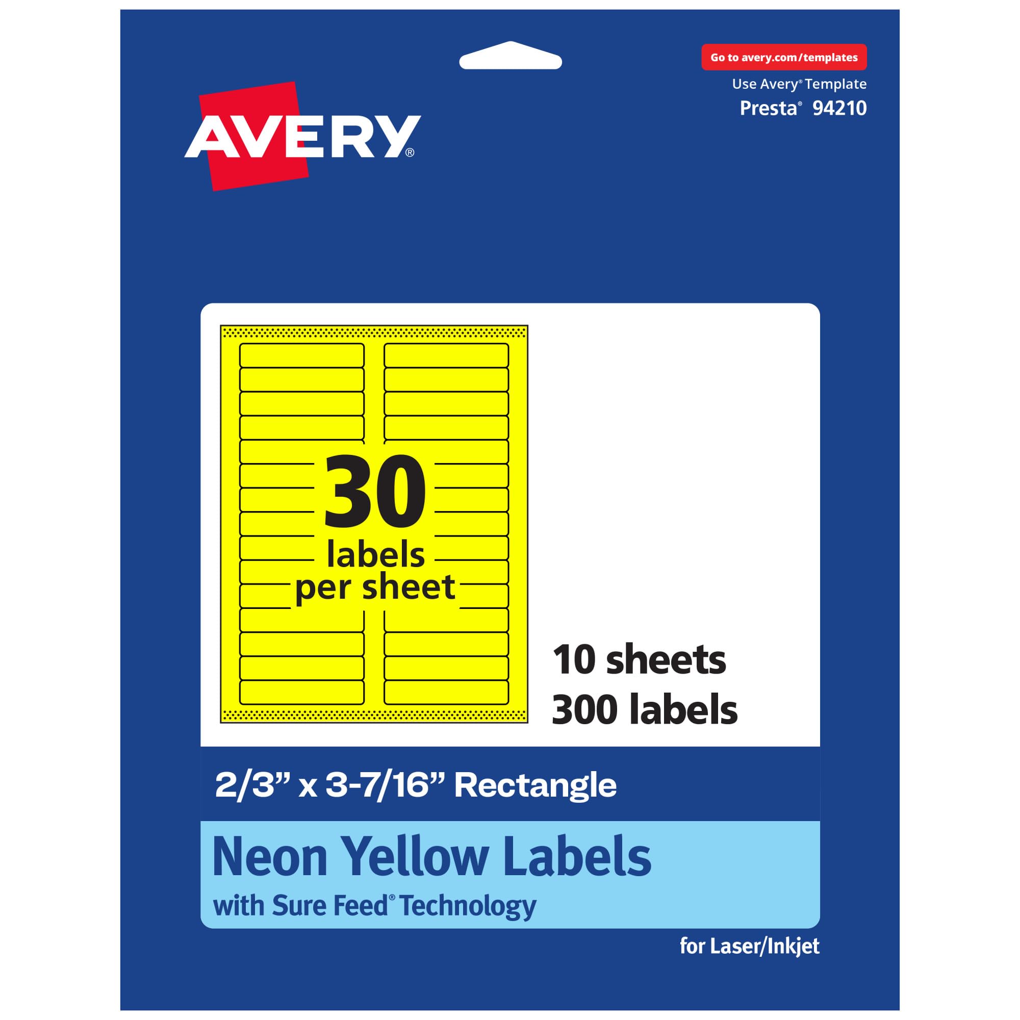 Avery Printable Rectangle Labels, Sure Feed Technology, 2/3" x 3-7/16", Neon Yellow Labels, Laser/Inkjet Printable