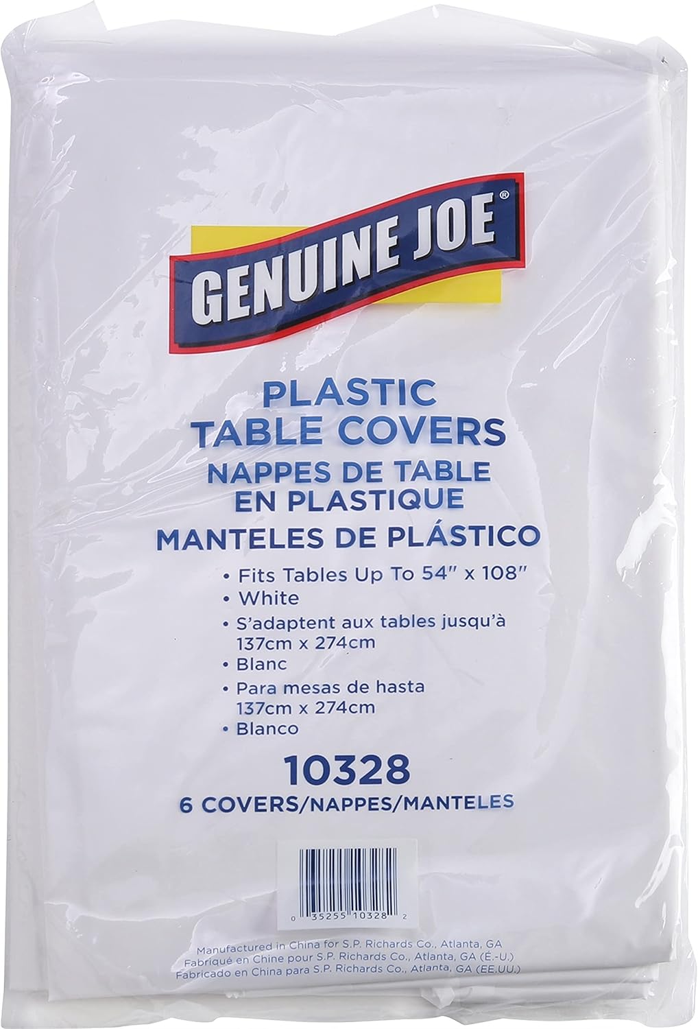 Genuine Joe Plastic Table Cover, 54" x 108', White, 6 Count