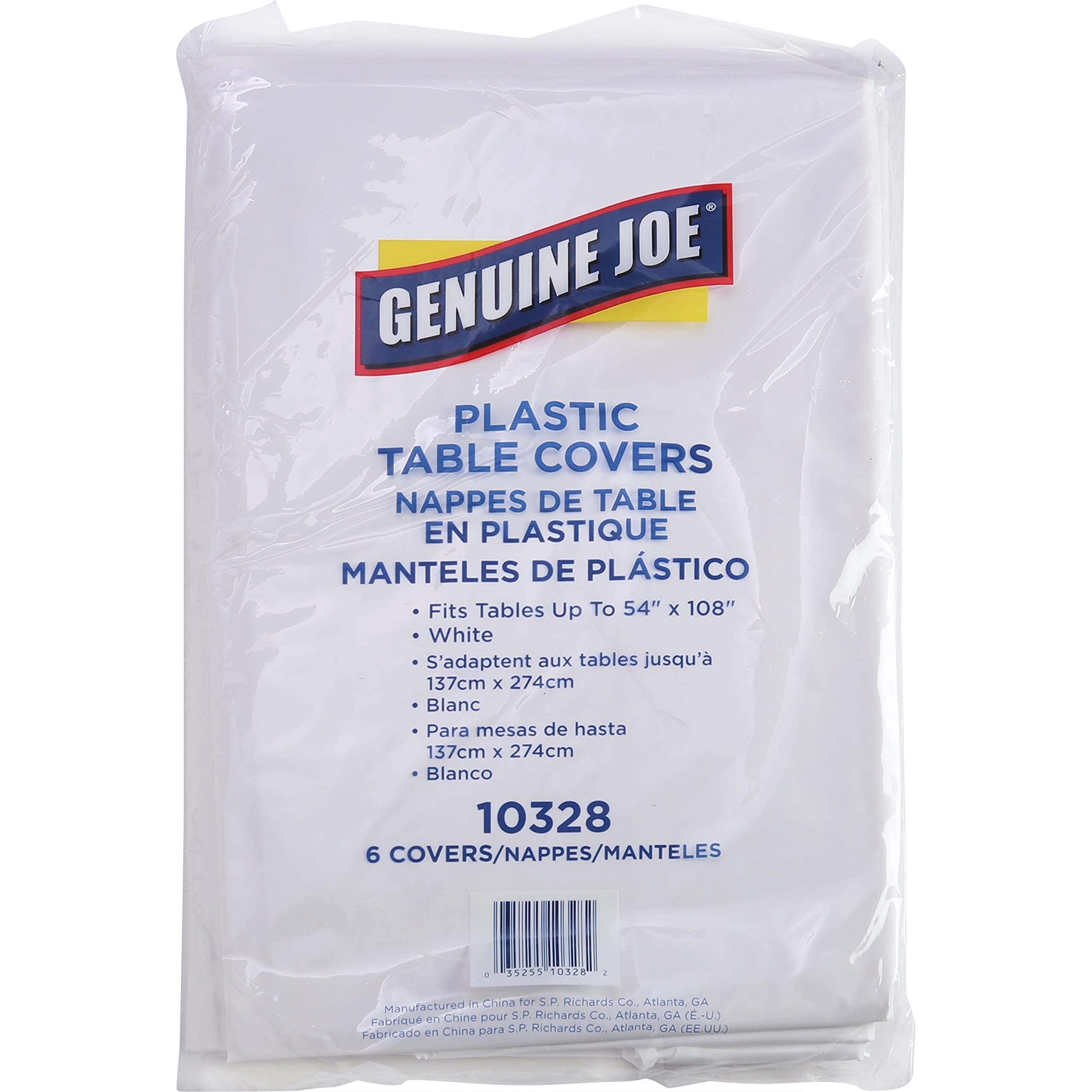 Genuine Joe Plastic Table Cover, 54" x 108', White, 6 Count