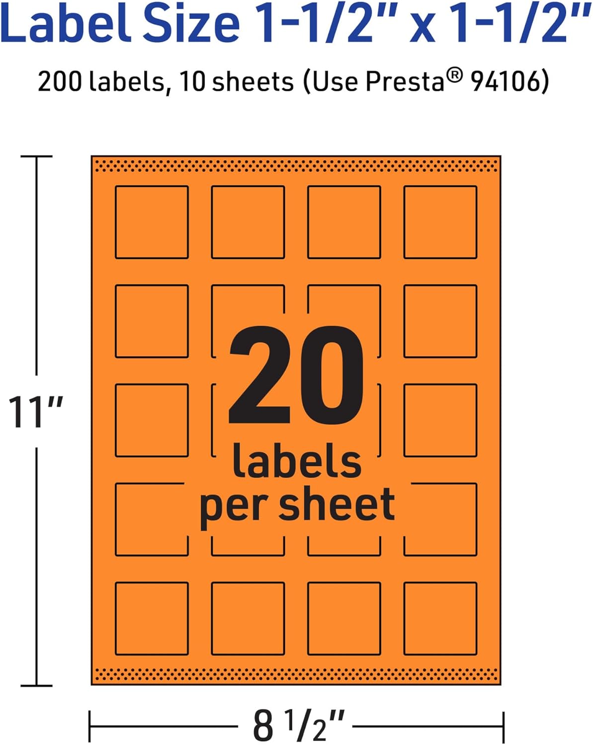 AVERY Printable Square Labels, Sure Feed Technology, 1-1/2" x 1-1/2", Bright Orange, Print-to-The-Edge