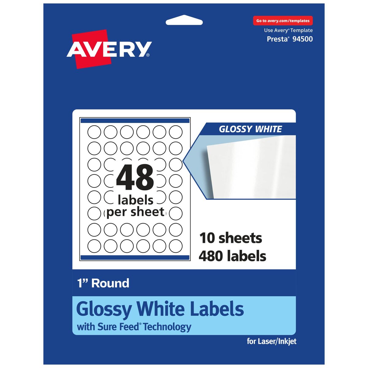 AVERY Glossy White Round Labels, 1in Diameter, Sure Feed, Permanent Adhesive