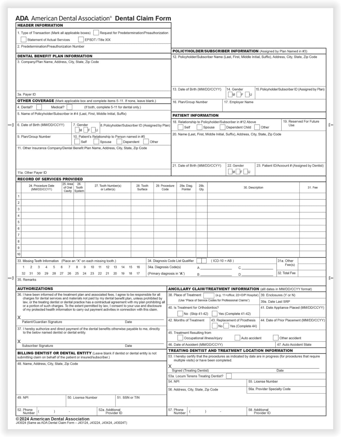 COMPLYRIGHT ADA Dental Claim Forms (2024) - Letter (8-1/2" x 11"), Laser Printed, Carbonless