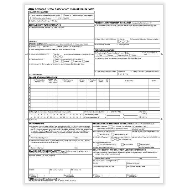 COMPLYRIGHT ADA Dental Claim Forms (2024) - Letter (8-1/2" x 11"), Laser Printed, Carbonless