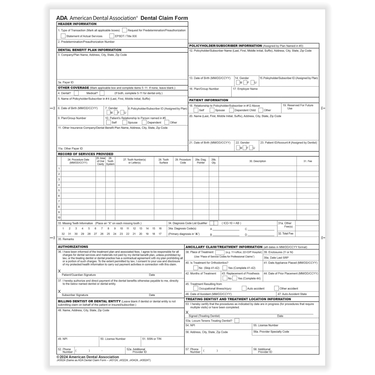 COMPLYRIGHT ADA Dental Claim Forms (2024) - Letter (8-1/2" x 11"), Laser Printed, Carbonless