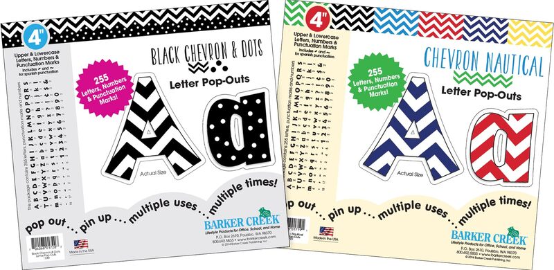 Barker Creek Letter Pop-Out Set of 2, 4" Chevron, Mixed-Design, 255 Upper and Lowercase Letters, Numbers, and Punctuation Marks in Each of 2 Designs, 510 Characters Total (4302)