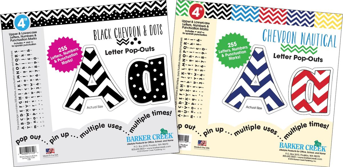 Barker Creek Letter Pop-Out Set of 2, 4" Chevron, Mixed-Design, 255 Upper and Lowercase Letters, Numbers, and Punctuation Marks in Each of 2 Designs, 510 Characters Total (4302)
