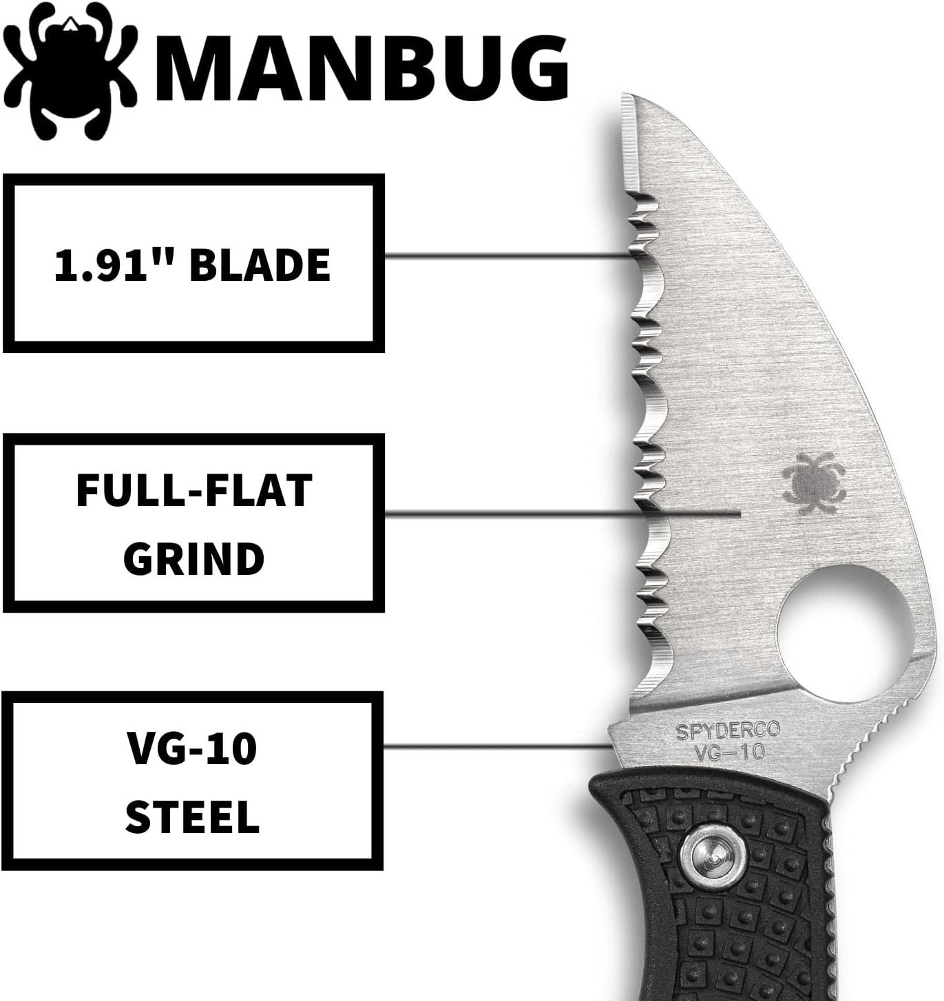 Spyderco Manbug Wharncliffe Folding Pocket Knife with 1.9" VG-10 Steel Blade and FRN Handle - EDC Knife for Men and Women