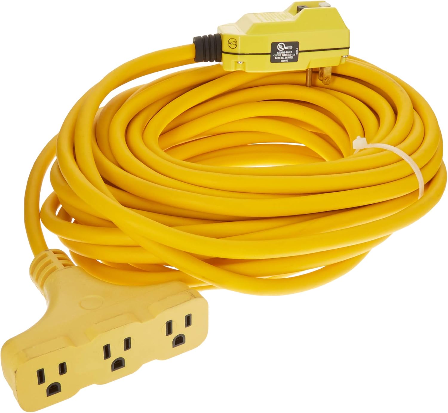 Coleman Cable 148802296 Southwire 120V/15A Right Angle GFCI 12/3 SJEOW Cord Set with Tri-Source Receptacle, 50-Foot, Yellow