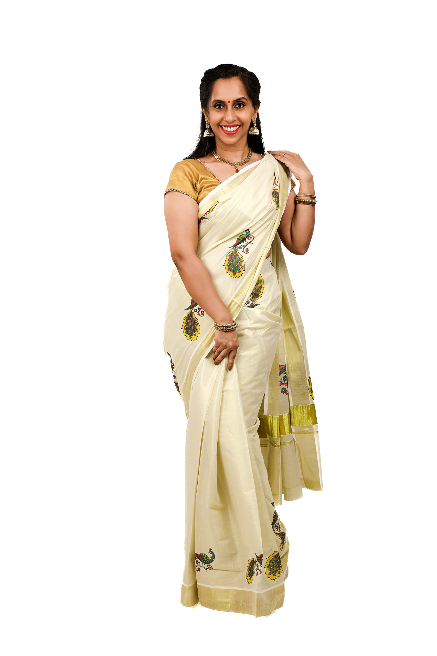 Kuthampully Women's Kasavu Tissue Cotton Saree With Running Blouse - Multi color KPSS-297