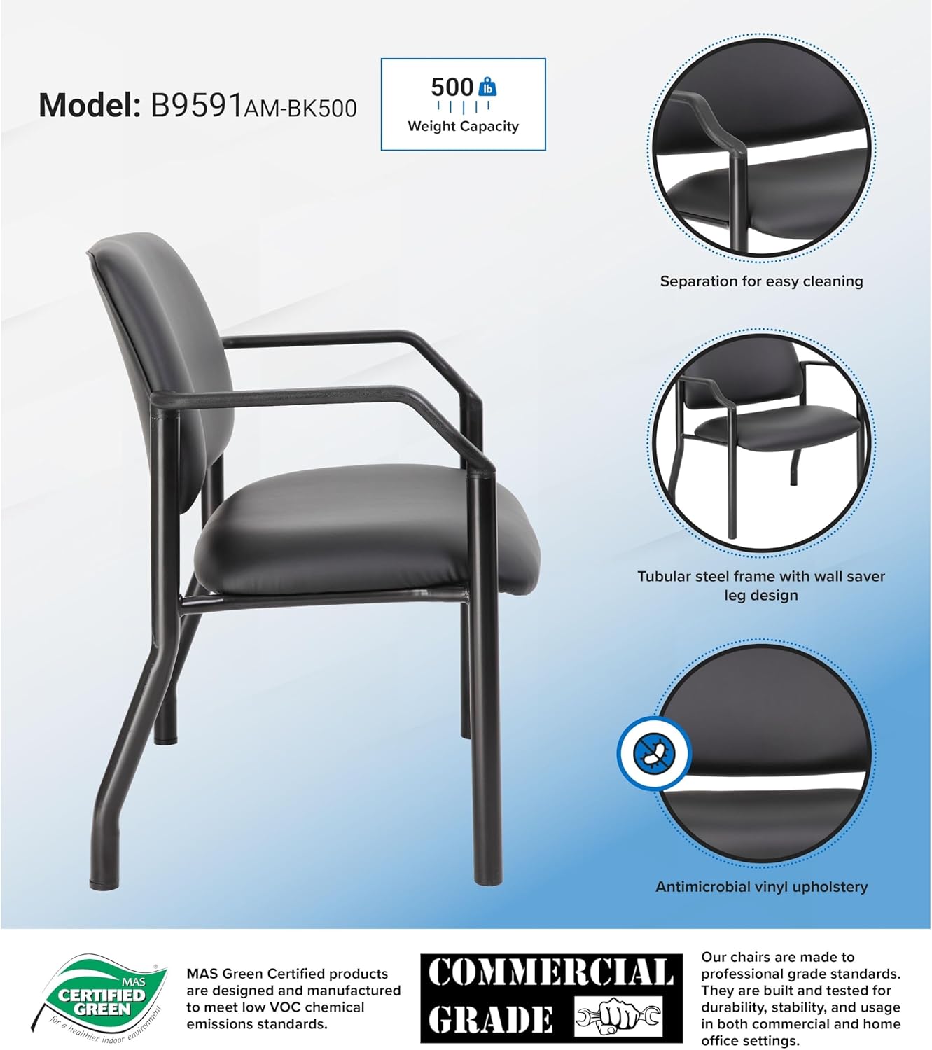 Boss Office Products Mid-Back Vinyl Guest Chair, Black - B9591AM-BK-500