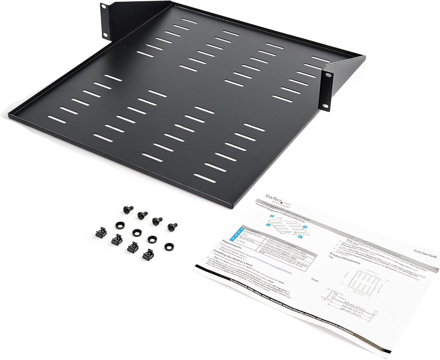 StarTech.com 2-Post Server Rack Shelf - Center Mount - 19 Inch -2U - Black - Supports up to 75 lb. (34 kg)