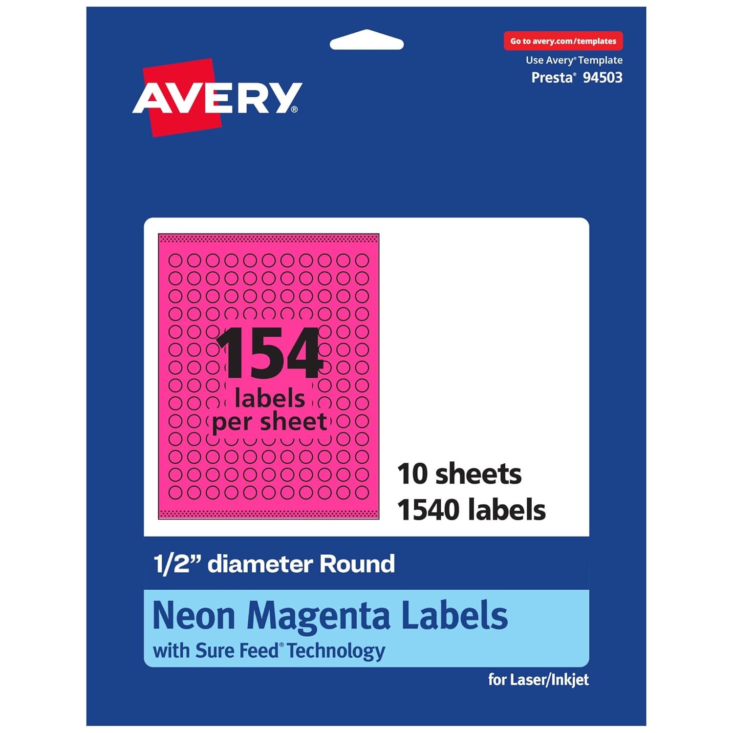 AVERY Printable Round Labels, Sure Feed Technology, 1/2" Diameter, Neon Magenta, Print-to-The-Edge, Laser/Inkjet