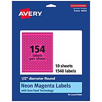 AVERY Printable Round Labels, Sure Feed Technology, 1/2" Diameter, Neon Magenta, Print-to-The-Edge, Laser/Inkjet