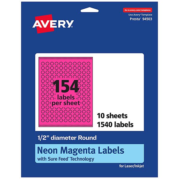 AVERY Printable Round Labels, Sure Feed Technology, 1/2" Diameter, Neon Magenta, Print-to-The-Edge, Laser/Inkjet