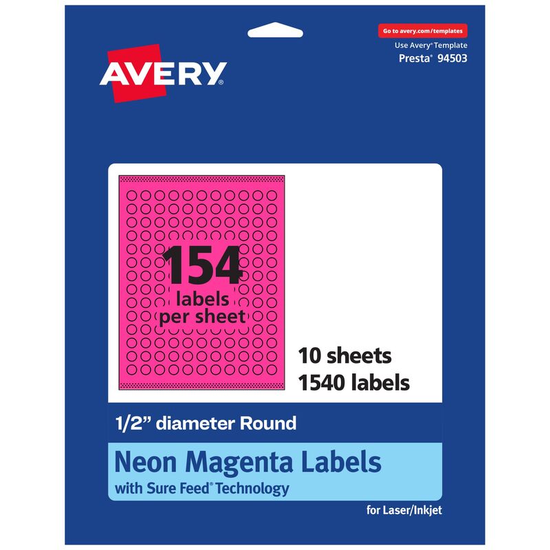 AVERY Printable Round Labels, Sure Feed Technology, 1/2" Diameter, Neon Magenta, Print-to-The-Edge, Laser/Inkjet