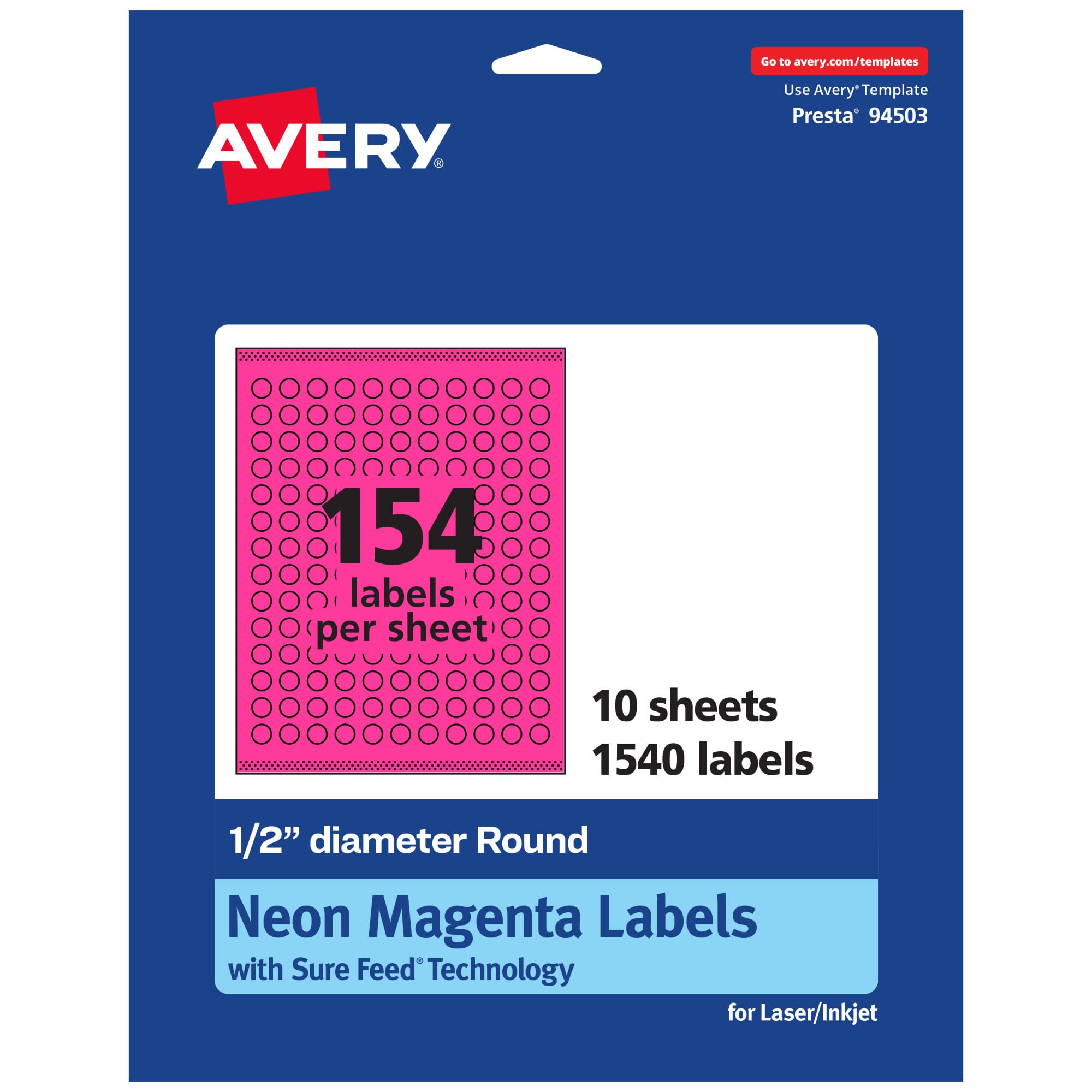AVERY Printable Round Labels, Sure Feed Technology, 1/2" Diameter, Neon Magenta, Print-to-The-Edge, Laser/Inkjet