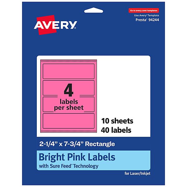 AVERY Bright Pink Printable Rectangle Labels 2-1/4" x 7-3/4"
