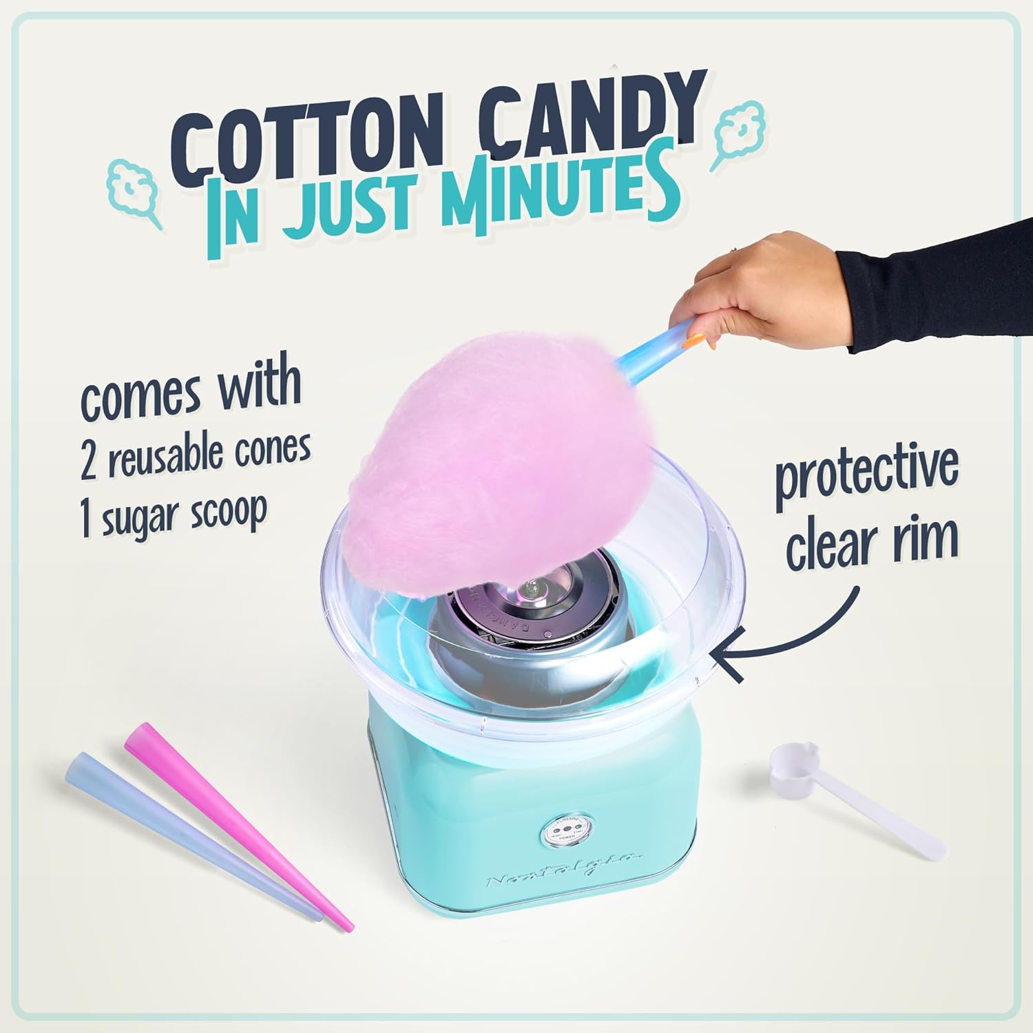 Nostalgia Classic Countertop Cotton Candy Machine, Manual, Retro Vintage Candy Maker Includes 2 Reusable Cones & Scoop