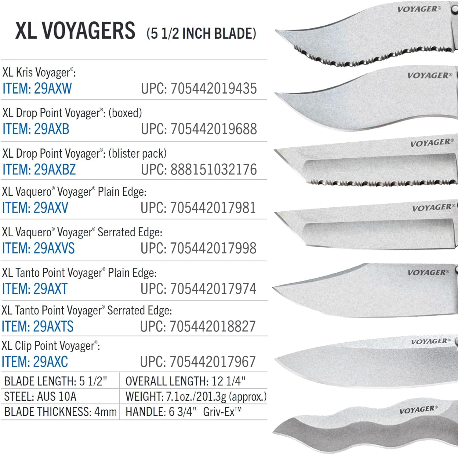 COLD STEEL XL Voyager 5.5 AUS10A Tanto Folding Knife with Griv-Ex Handle & Tri-Ad Lock