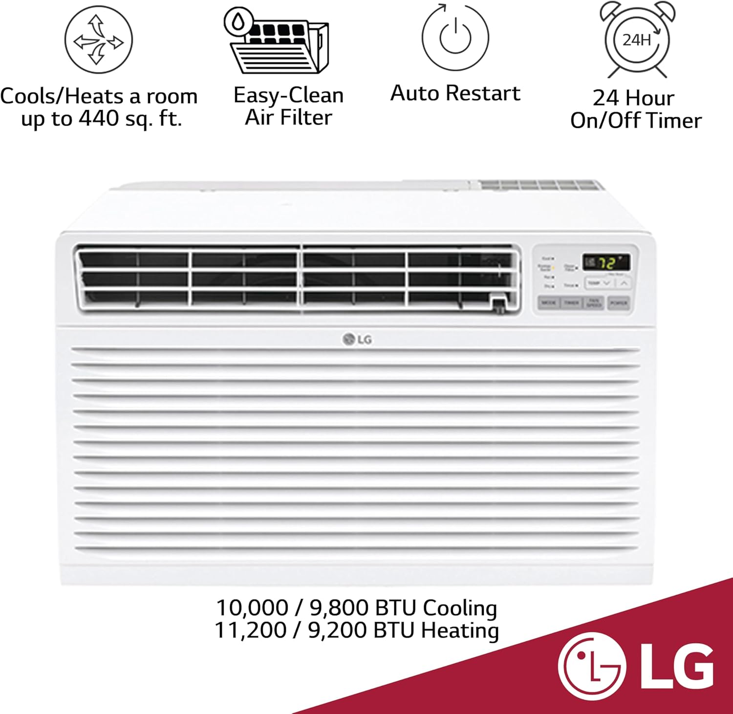 LG 9,800 BTU Through-the-Wall Air Conditioner, Cools 450 Sq.Ft., Electronic Control with Remote, Supplemental Heat, 230/208V