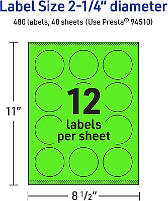 Avery Printable Round Labels, Sure Feed Technology, 2.25" Diameter, Neon Green, Print-to-The-Edge, Laser/Inkjet Printable