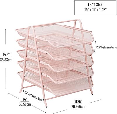 Mind Reader 5-Tier Paper Tray, Desktop Organizer, File Storage, Office, Metal Mesh, 11.75" L x 14" W x 14.5" H, Pink 14" x 11.8" x 15"