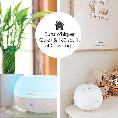 Crane Portable Ultrasonic Travel Humidifier and Diffuser, 0.2 Gallon Cool Mist, Optional Essential Oil Diffuser, No Filter Needed, White Round