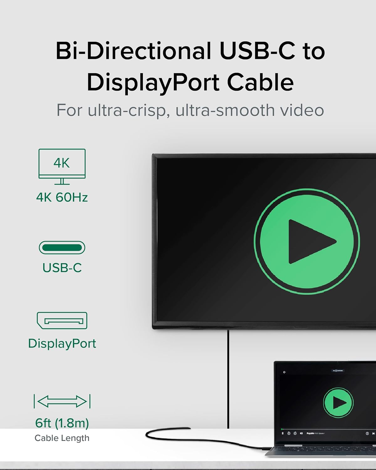 Plugable USB C to DisplayPort Bi Directional Cable 6 feet (1.8m), Up to 4K at 60Hz