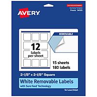 Avery Matte White Removable Square Labels, Sure Feed Technology, Print-to-The-Edge, 2-1/8" x 2-1/8", 180 Removable Labels, Laser/Inkjet Printable 180 labels