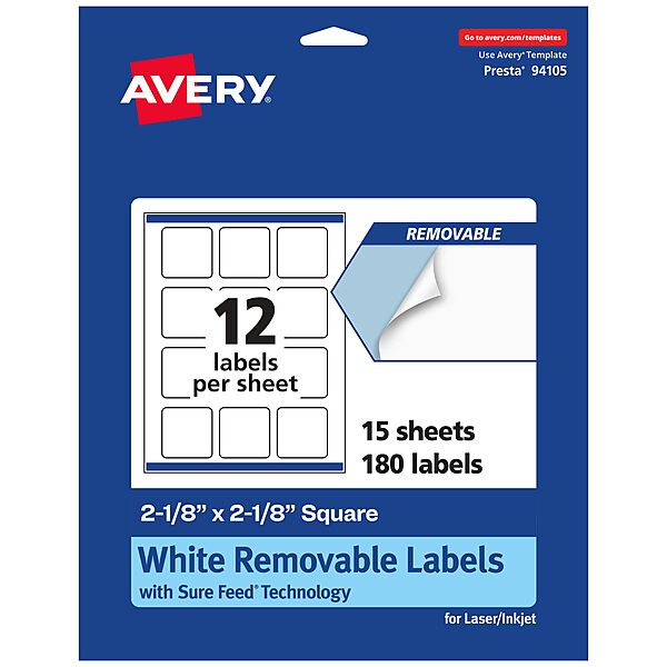 Avery Matte White Removable Square Labels, Sure Feed Technology, Print-to-The-Edge, 2-1/8" x 2-1/8", 180 Removable Labels, Laser/Inkjet Printable 180 labels