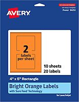 Avery Printable Rectangle Labels, Sure Feed Technology, 4" x 5", Bright Orange, Print-to-The-Edge, Laser/Inkjet Compatible
