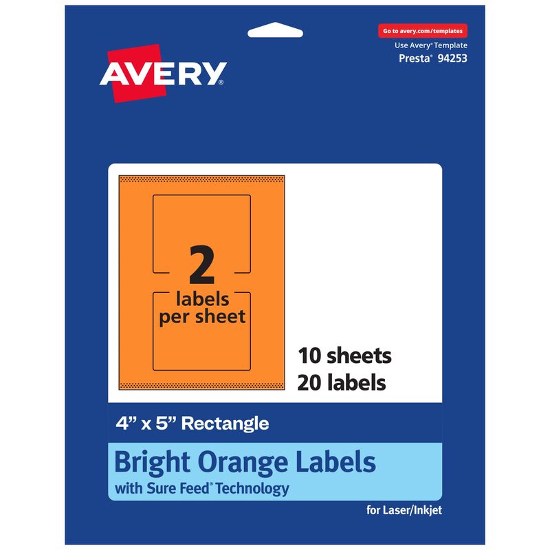 Avery Printable Rectangle Labels, Sure Feed Technology, 4" x 5", Bright Orange, Print-to-The-Edge, Laser/Inkjet Compatible