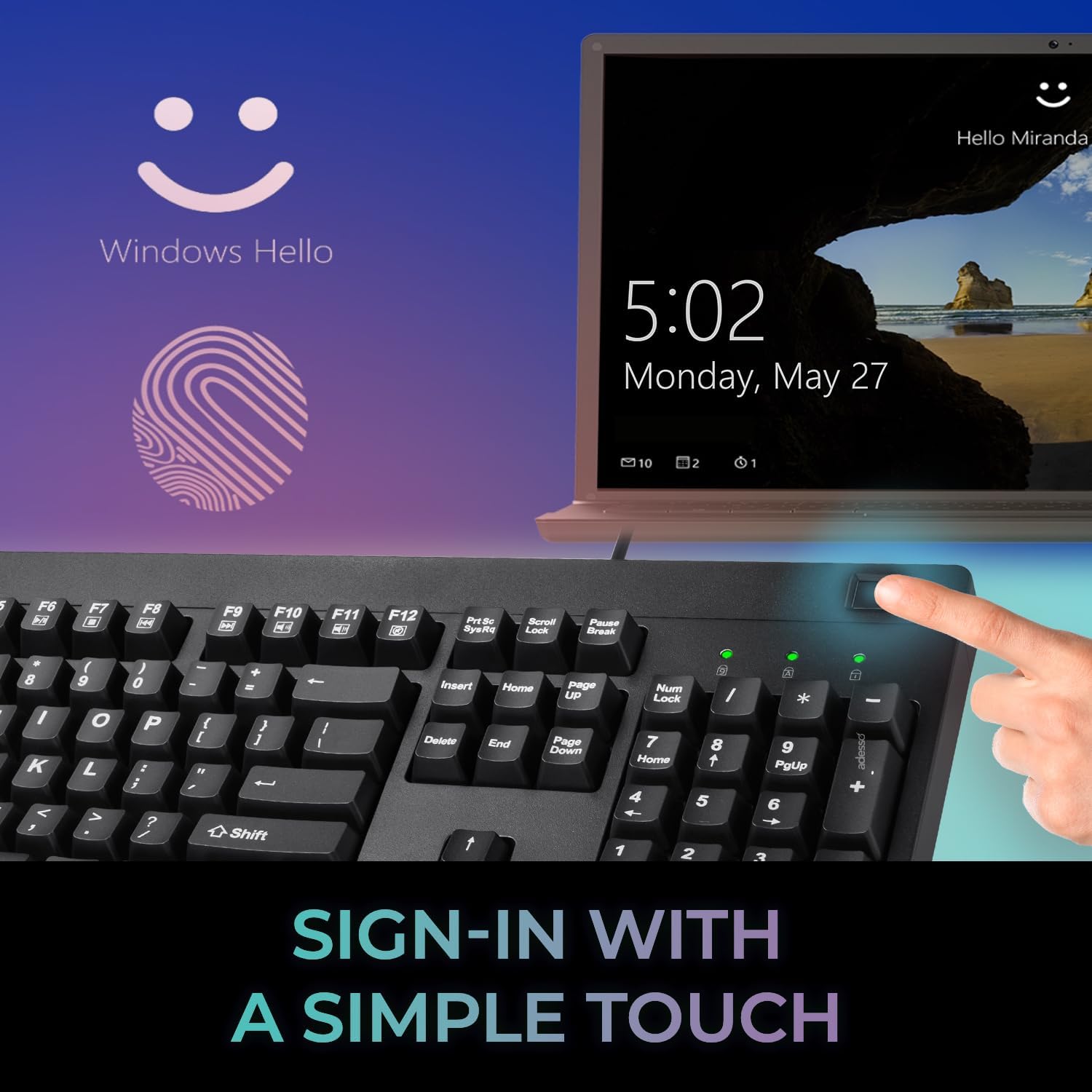 Adesso TAA Compliant Fingerprint Keyboard with AES 256 Encryption USB Wired Full Size 104 Key Layout Windows Hello