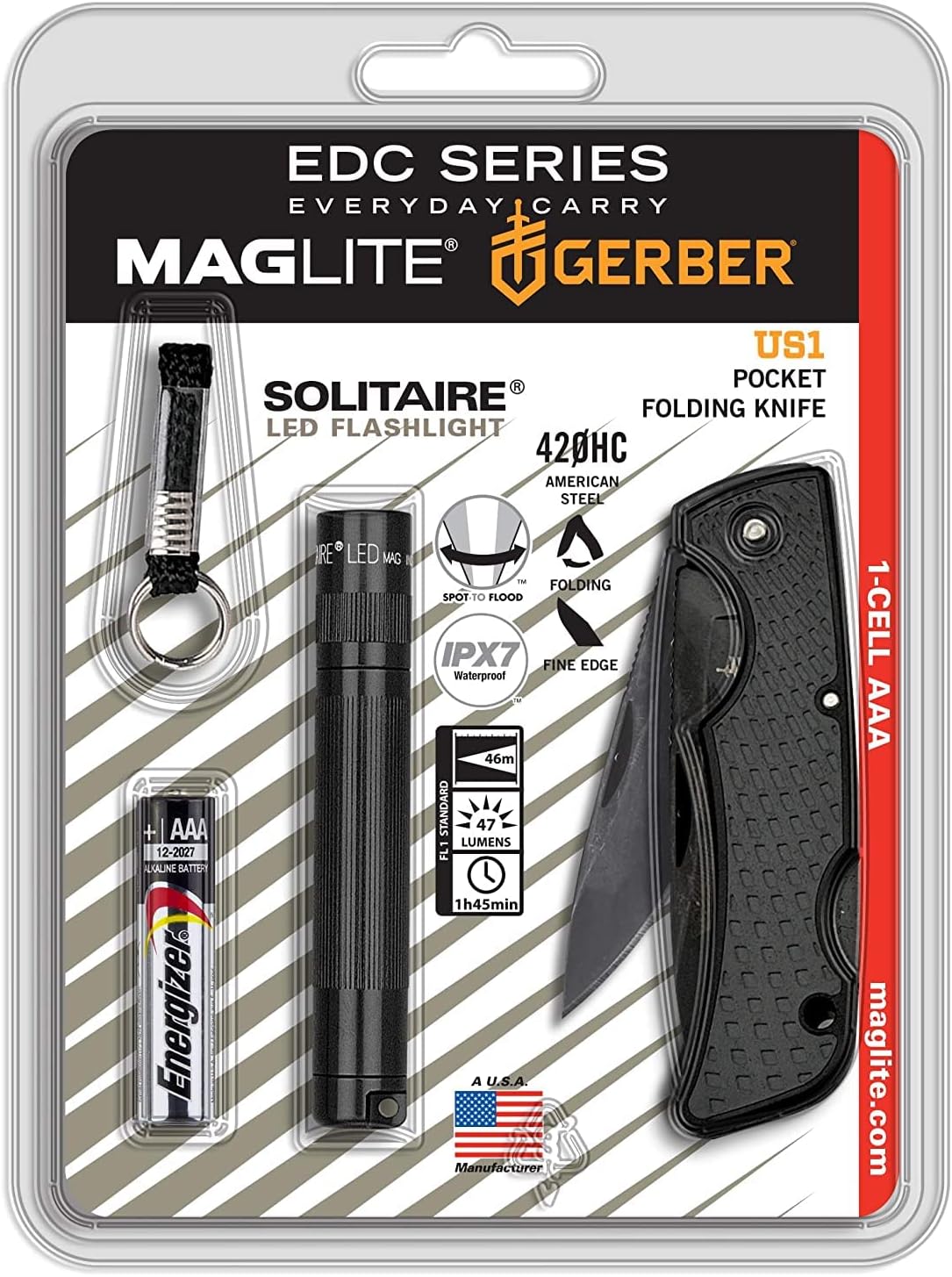 Maglite, Solitaire LED with Gerber Knife Combo, Black