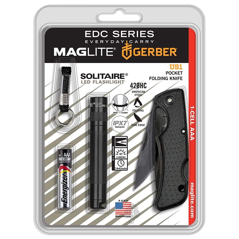 Maglite, Solitaire LED with Gerber Knife Combo, Black